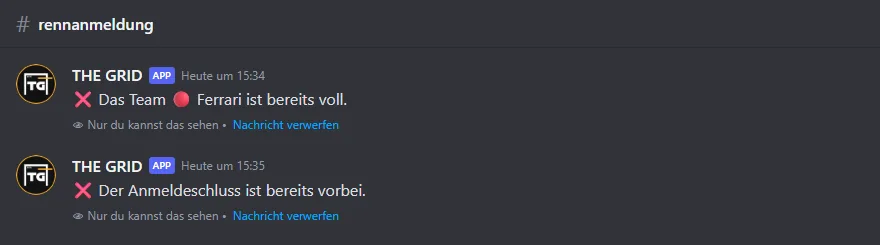 Zwei Fehlermeldungen von THE GRID: Team voll und Anmeldeschluss vorbei