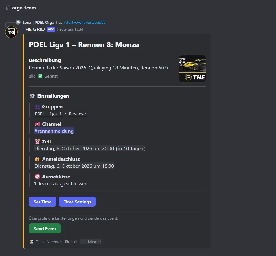 Der fertige Event-Builder mit Zeit, Anmeldeschluss und einem ausgenommenen Team