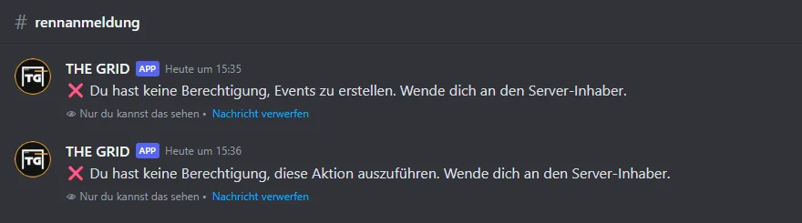 Zwei Antworten von THE GRID an ein Mitglied ohne Berechtigung im Kanal #rennanmeldung