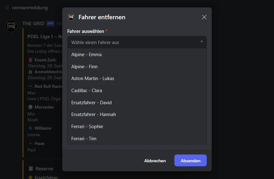 Formular „Fahrer entfernen“ mit aufgeklappter Fahrerliste