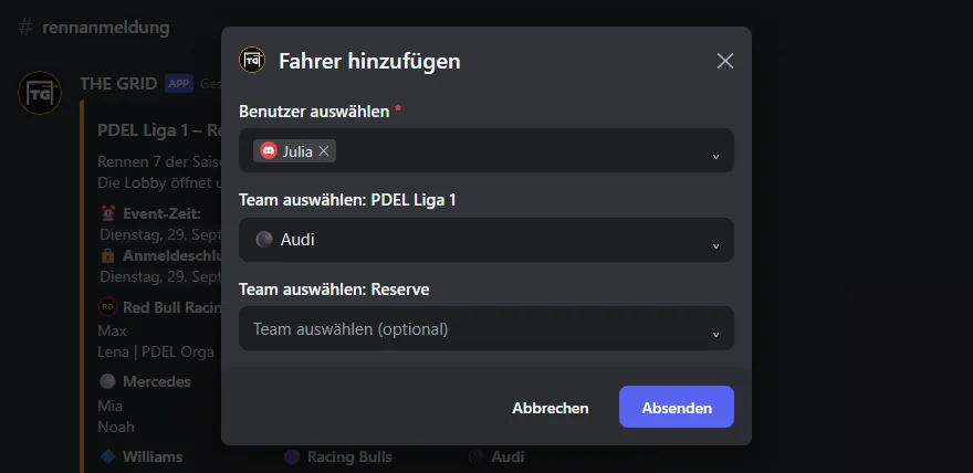 Formular „Fahrer hinzufügen“ mit gewähltem Mitglied und Team