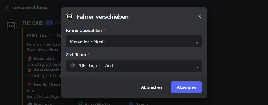 Formular „Fahrer verschieben“ mit Fahrer und Ziel-Team