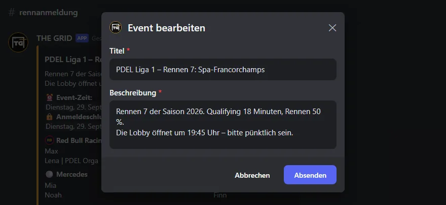 Formular „Event bearbeiten“ mit Titel und Beschreibung