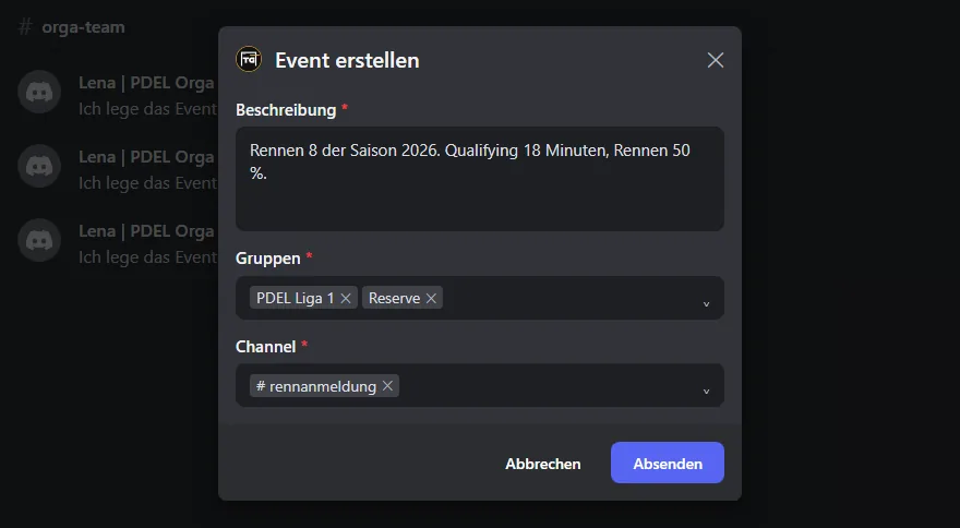 Formular „Event erstellen“ mit Beschreibung, zwei Gruppen und Kanal