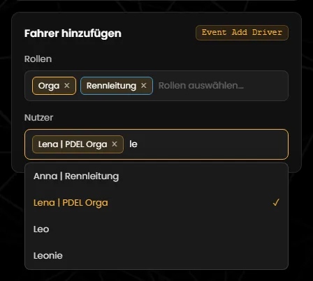 Die Nutzersuche der Karte „Fahrer hinzufügen“ mit dem Suchbegriff „le“