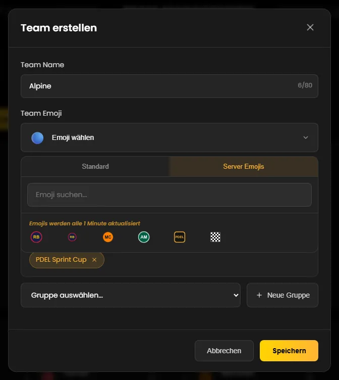 Die Emoji-Auswahl im Reiter „Server Emojis“ mit Suchfeld und sechs Emojis des Servers