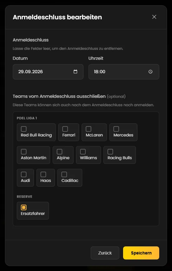Das Fenster „Anmeldeschluss bearbeiten“ mit Datum, Uhrzeit und dem angehakten Team Ersatzfahrer