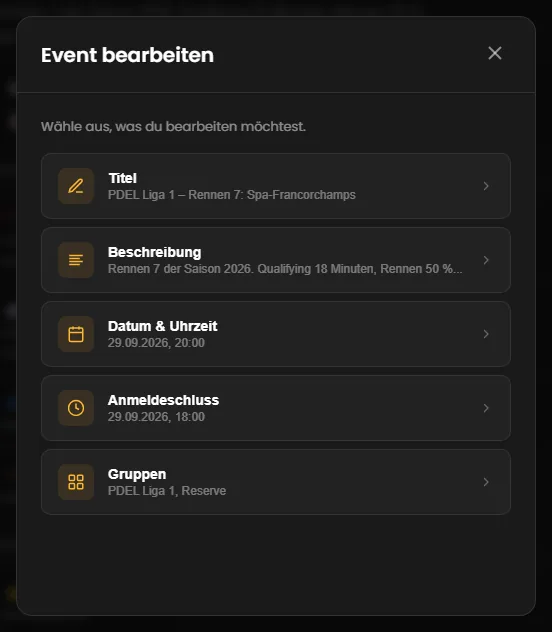 Das Fenster „Event bearbeiten“ mit den fünf Bereichen und ihren aktuellen Werten