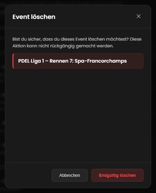Rückfrage „Event löschen“ mit dem Titel des Events