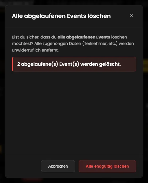 Rückfrage „Alle abgelaufenen Events löschen“ mit der Anzahl der betroffenen Events