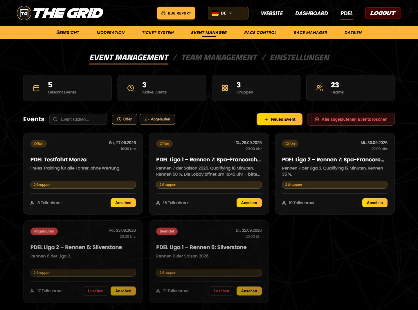 Der Reiter „Event Management“ mit Zählern, Suche, Filtern und Event-Karten