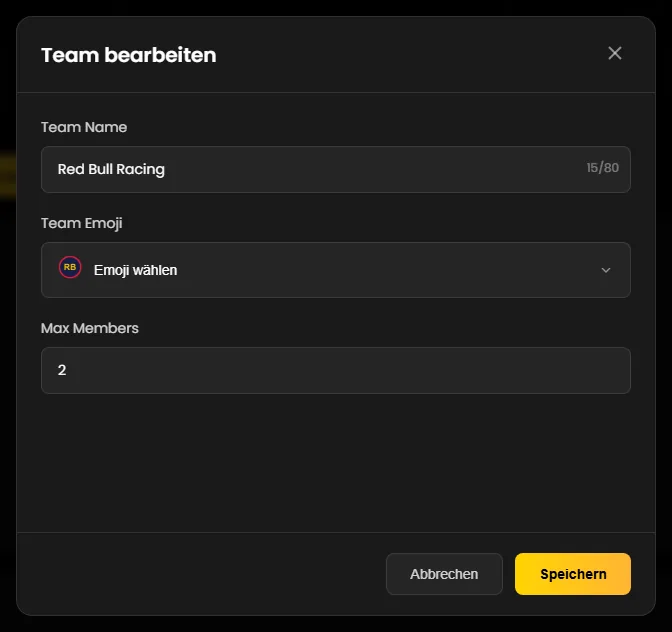 Das Fenster „Team bearbeiten“ für Red Bull Racing