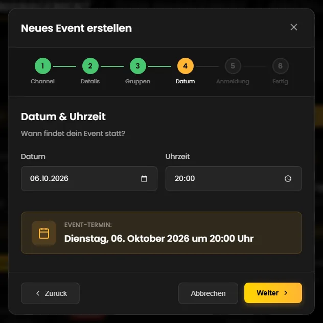 Schritt 4 des Assistenten: Datum und Uhrzeit mit der Vorschau „Event-Termin“