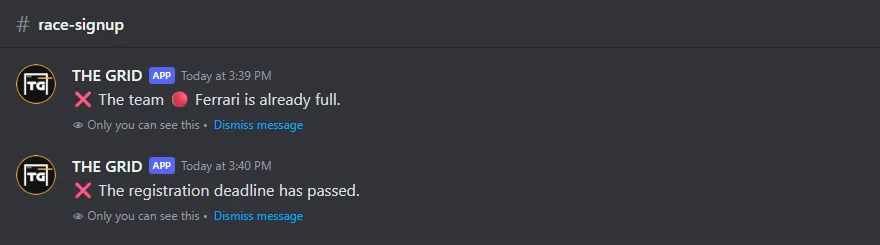 Two error messages from THE GRID: team full and deadline passed