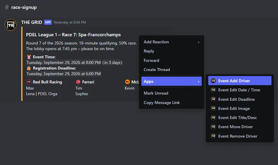 Context menu of an event message with the Apps submenu and the seven commands