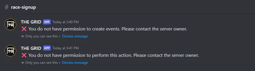 Two replies from THE GRID to a member without permission in the #race-signup channel