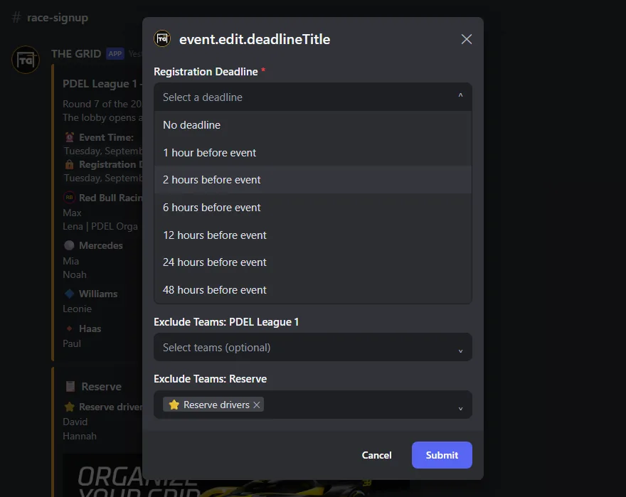 The deadline form with the list of deadlines open