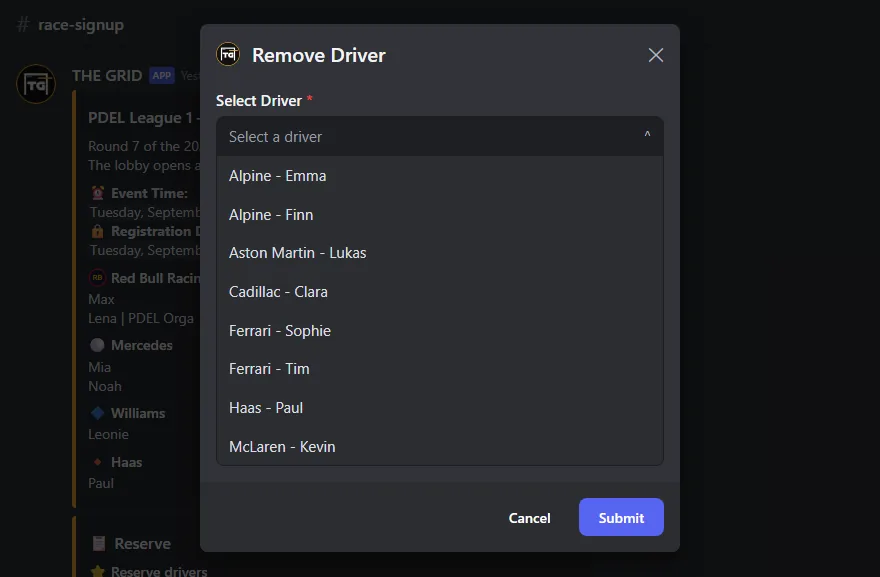 The Remove Driver form with the driver list open