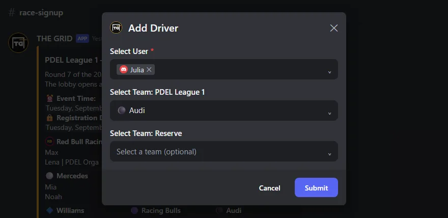 The Add Driver form with a member and a team chosen