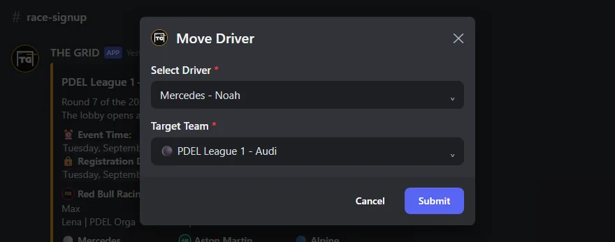 The Move Driver form with driver and target team