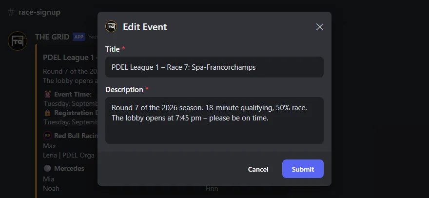 The Edit Event form with title and description