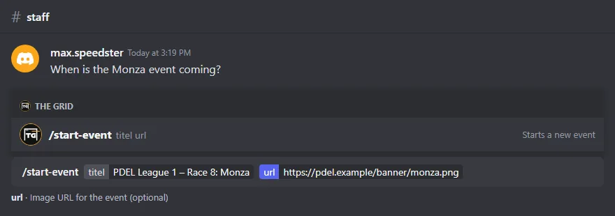 The /start-event command with the options titel and url