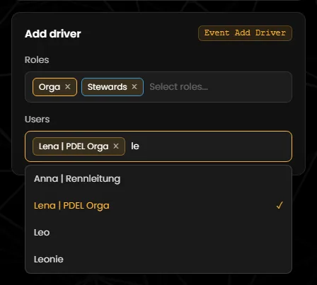 The user search of the “Add driver” card with the search term “le”