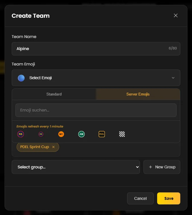 The emoji picker on the “Server Emojis” tab with a search field and six of the server's emojis