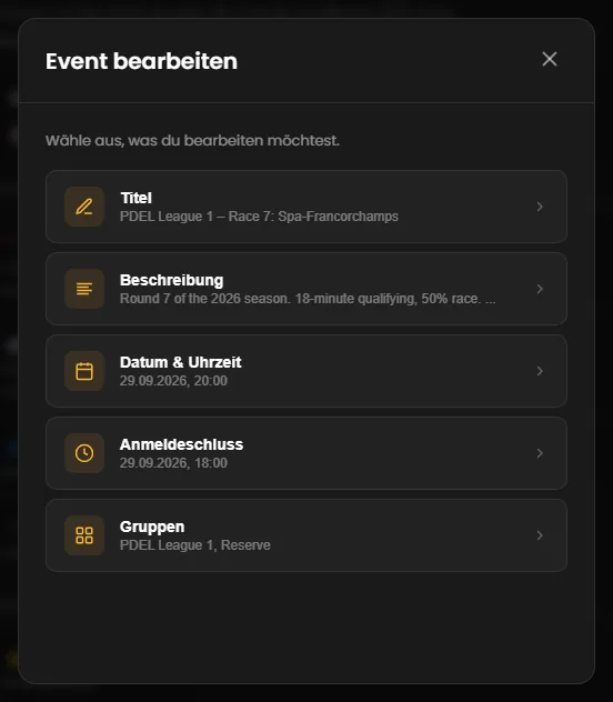 The “Event bearbeiten” window with the five areas and their current values