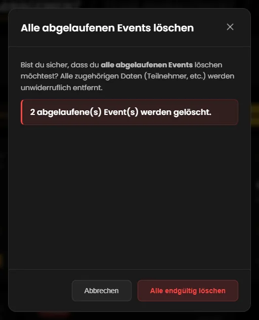 The “Alle abgelaufenen Events löschen” confirmation with the number of affected events