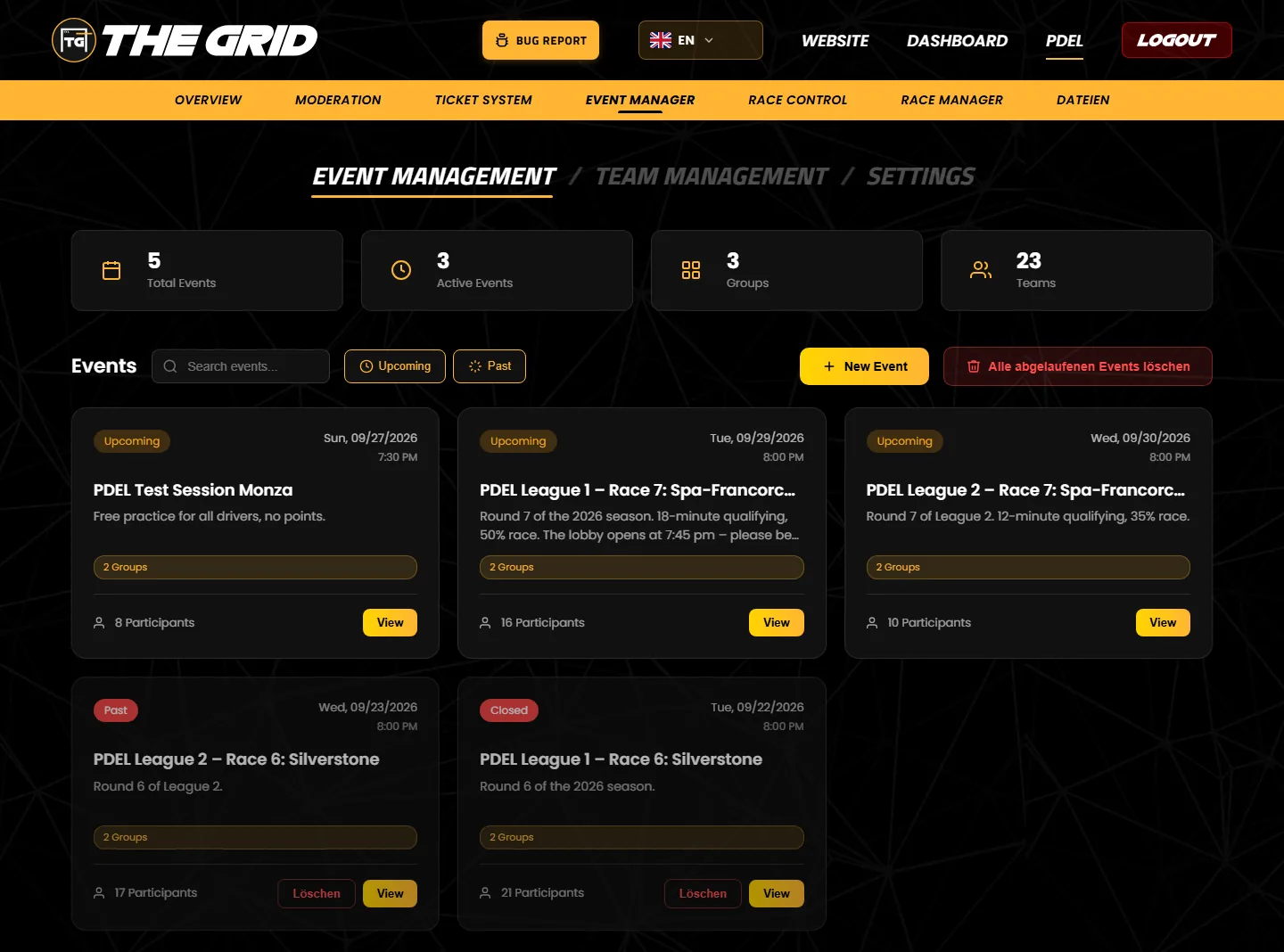The “Event Management” tab with counters, search, filters and event cards