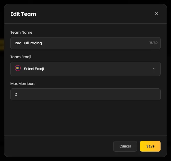 The “Edit Team” window for Red Bull Racing