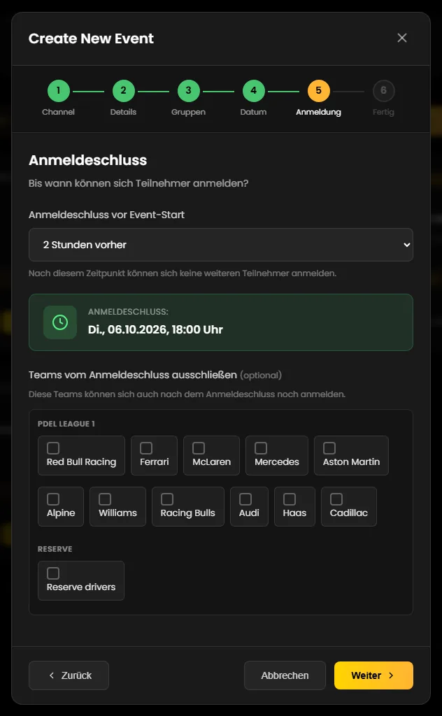 Step 5 of the wizard: deadline 2 hours before and a checkbox for every team