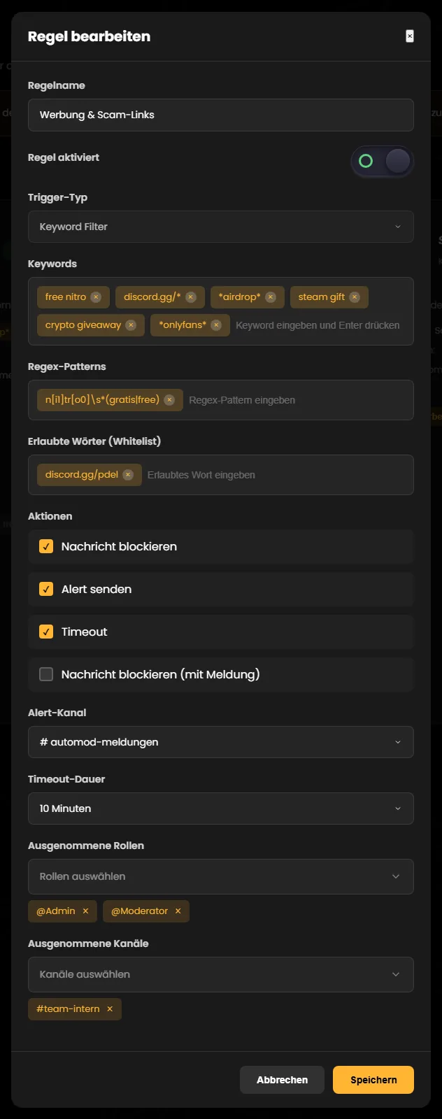 Fenster „Regel bearbeiten“ für die Regel „Werbung & Scam-Links“