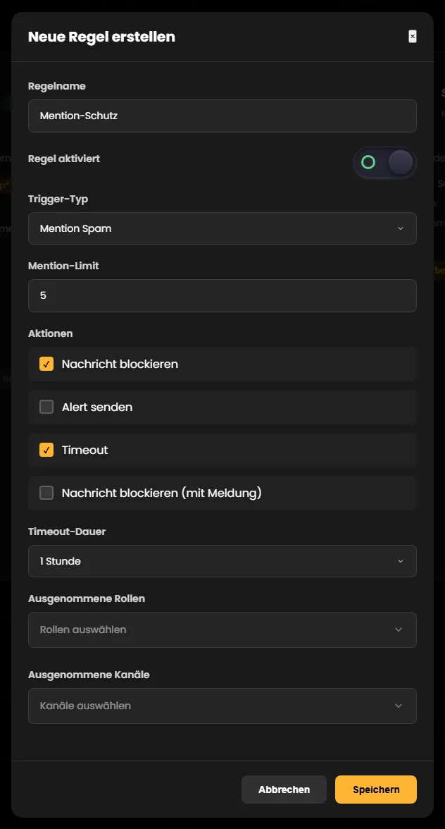Fenster „Neue Regel erstellen“ für eine Regel vom Typ Mention Spam