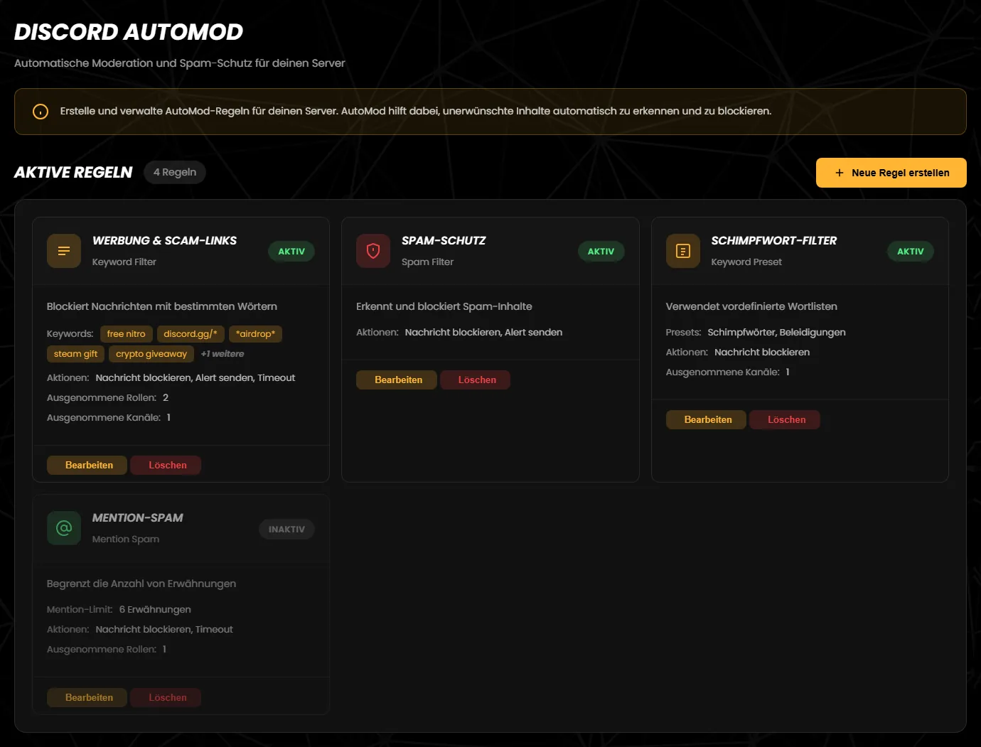 Die Seite „Discord AutoMod“ mit vier Regelkarten