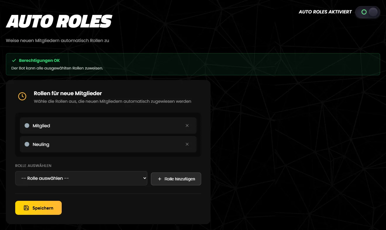 Die Seite „Auto Roles“ im Dashboard
