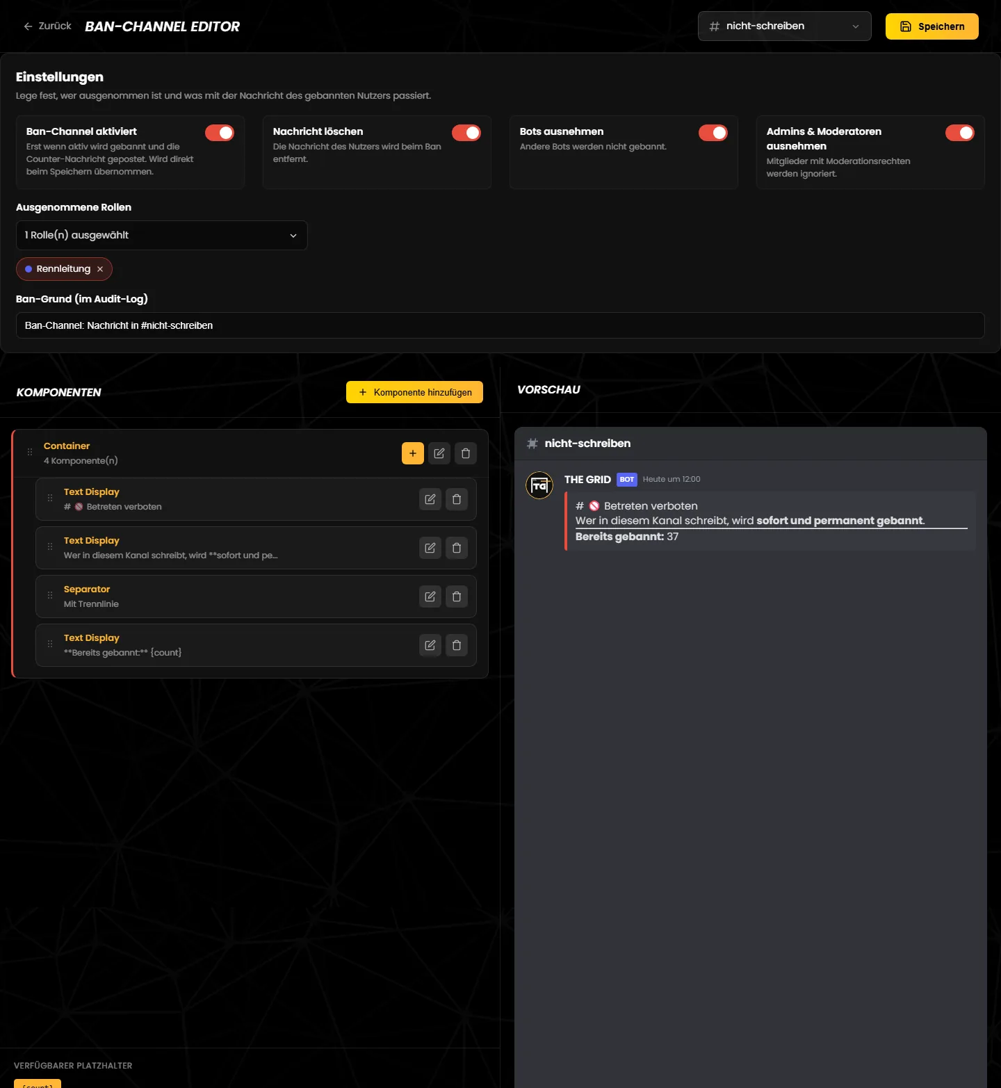 Der Ban-Channel-Editor mit Einstellungen, Komponenten-Liste und Vorschau