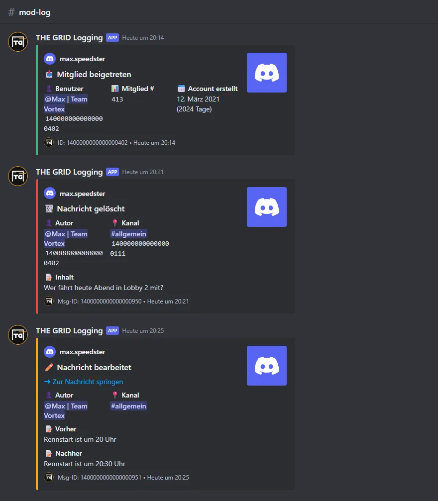 Drei Log-Einträge im Kanal #mod-log: Mitglied beigetreten, Nachricht gelöscht und Nachricht bearbeitet