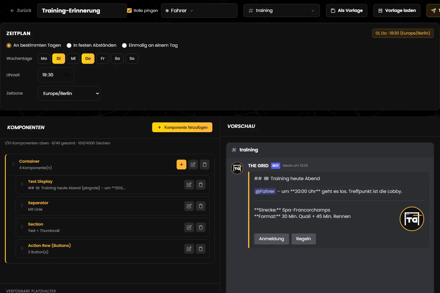 Der Editor der Trainings-Erinnerung mit Zeitplan, Bausteinen und Vorschau