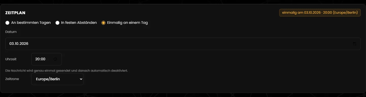 Zeitplan „Einmalig an einem Tag“ mit Datum und Uhrzeit
