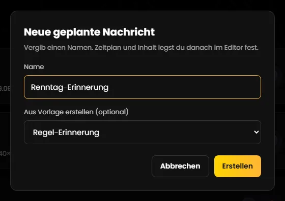 Fenster „Neue geplante Nachricht“ mit Name und Vorlagen-Auswahl