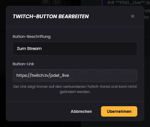 Fenster „Twitch-Button bearbeiten“ mit Beschriftung und festem Link