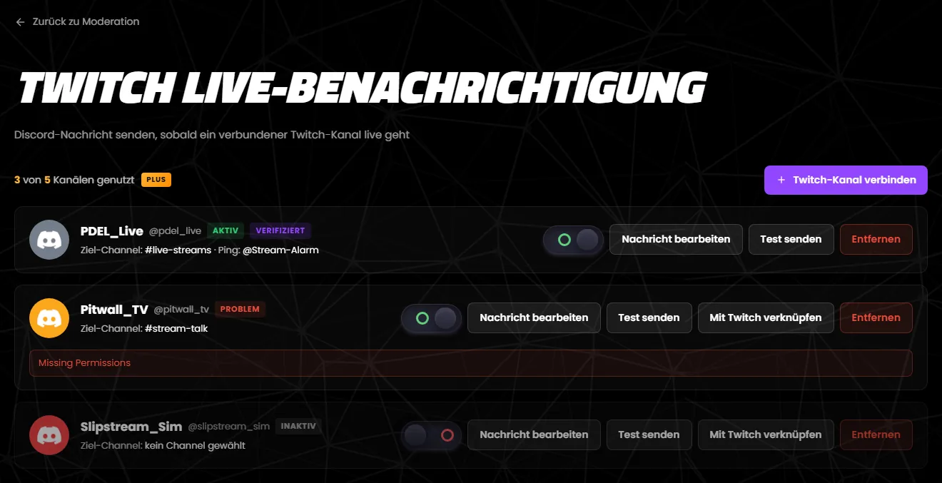 Die Seite „Twitch Live-Benachrichtigung“ mit drei verbundenen Kanälen