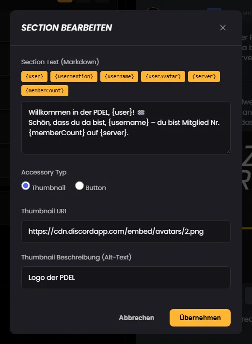 Dialog „Section bearbeiten“ mit Thumbnail