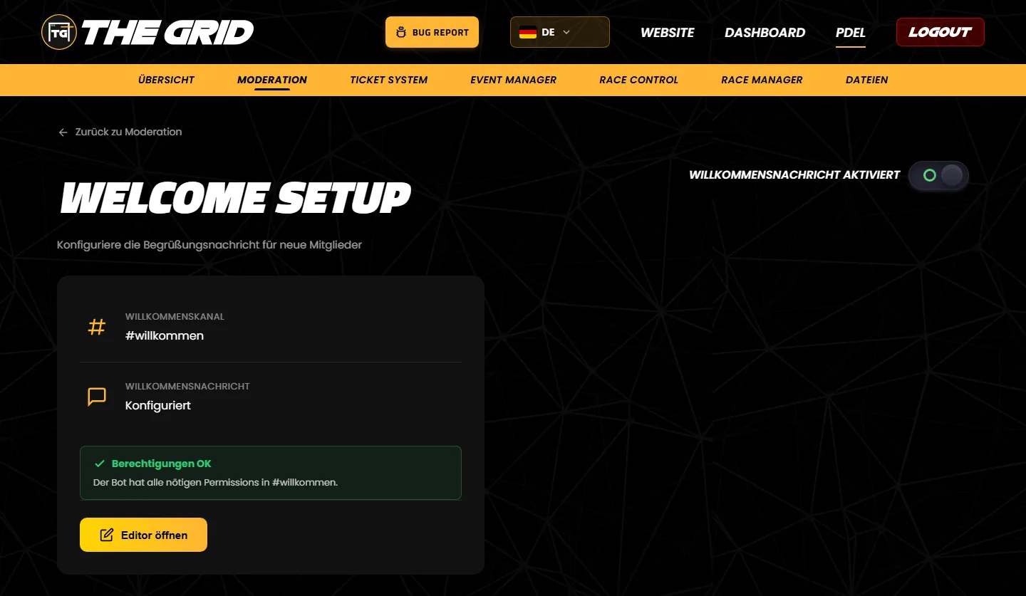 Die Seite „Welcome Setup“ im Dashboard