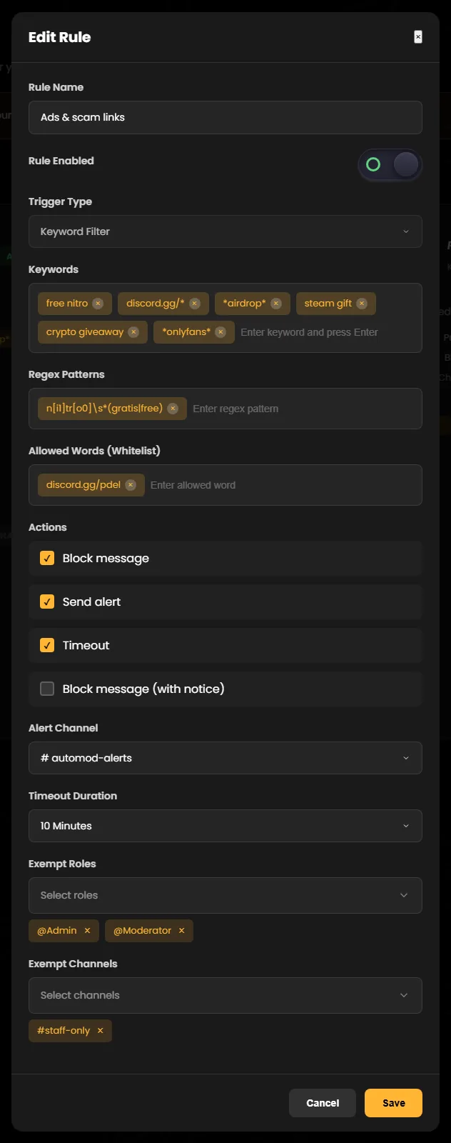 The “Edit Rule” window for the rule “Ads & scam links”