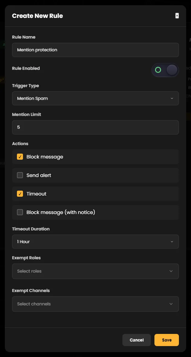 The “Create New Rule” window for a Mention Spam rule