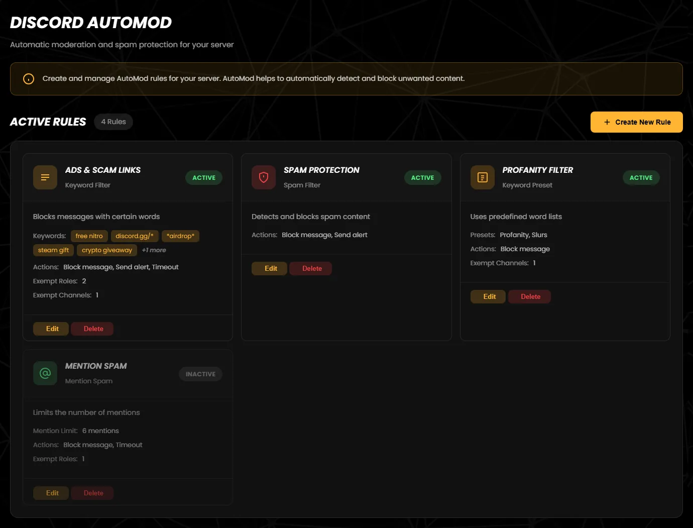 The “Discord AutoMod” page with four rule cards