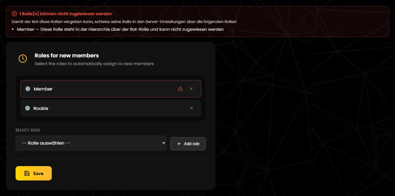 Red banner and ⚠ on the role “Member”